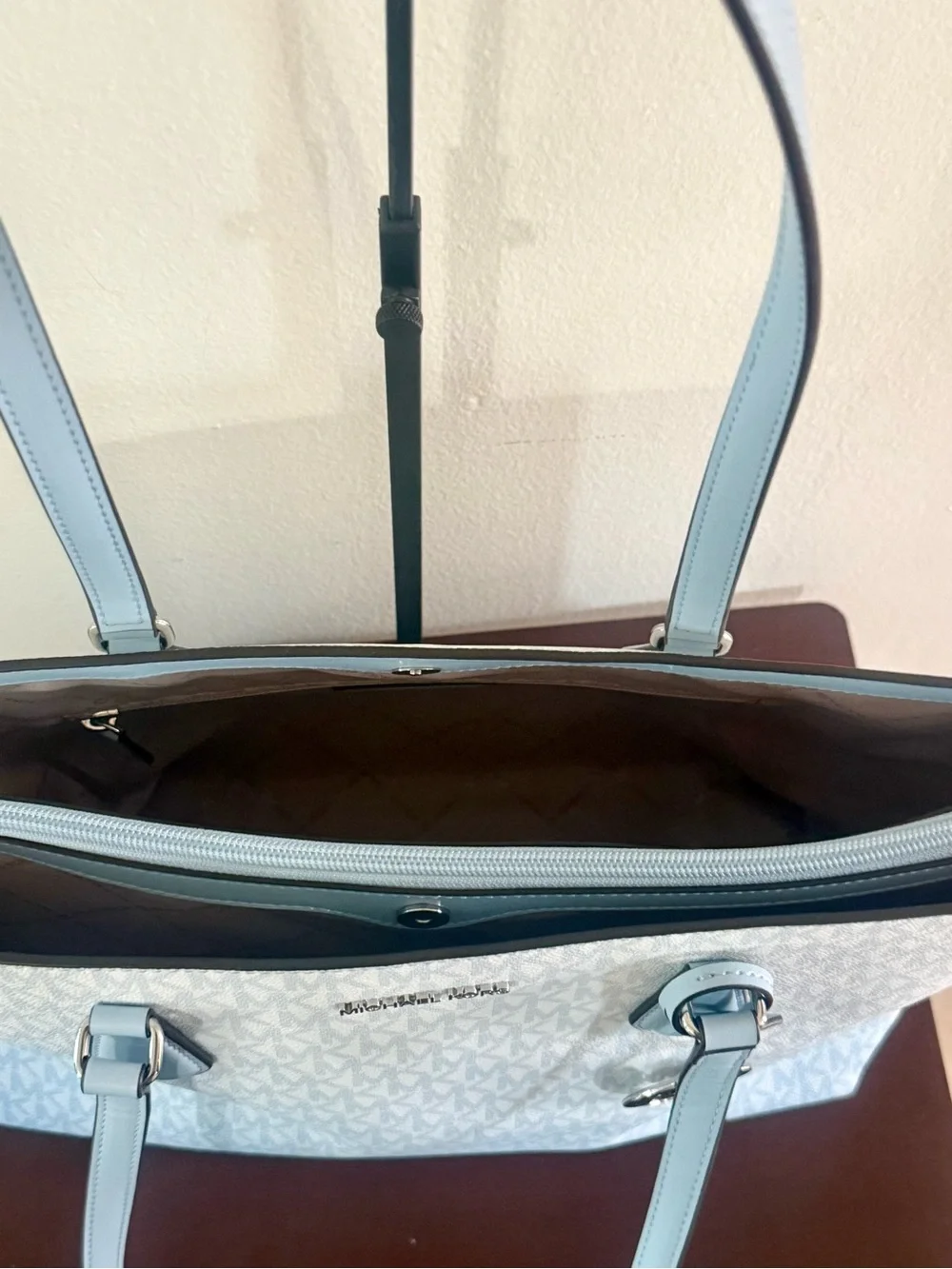 Michael Kors White and Light Blue Monogram Ombre Tote